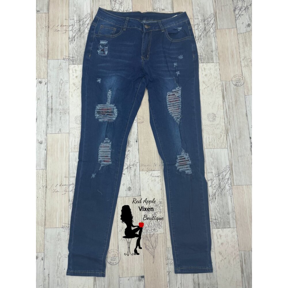 Distressed Skinny Jeans with Plaid Patches Size 2XLarge